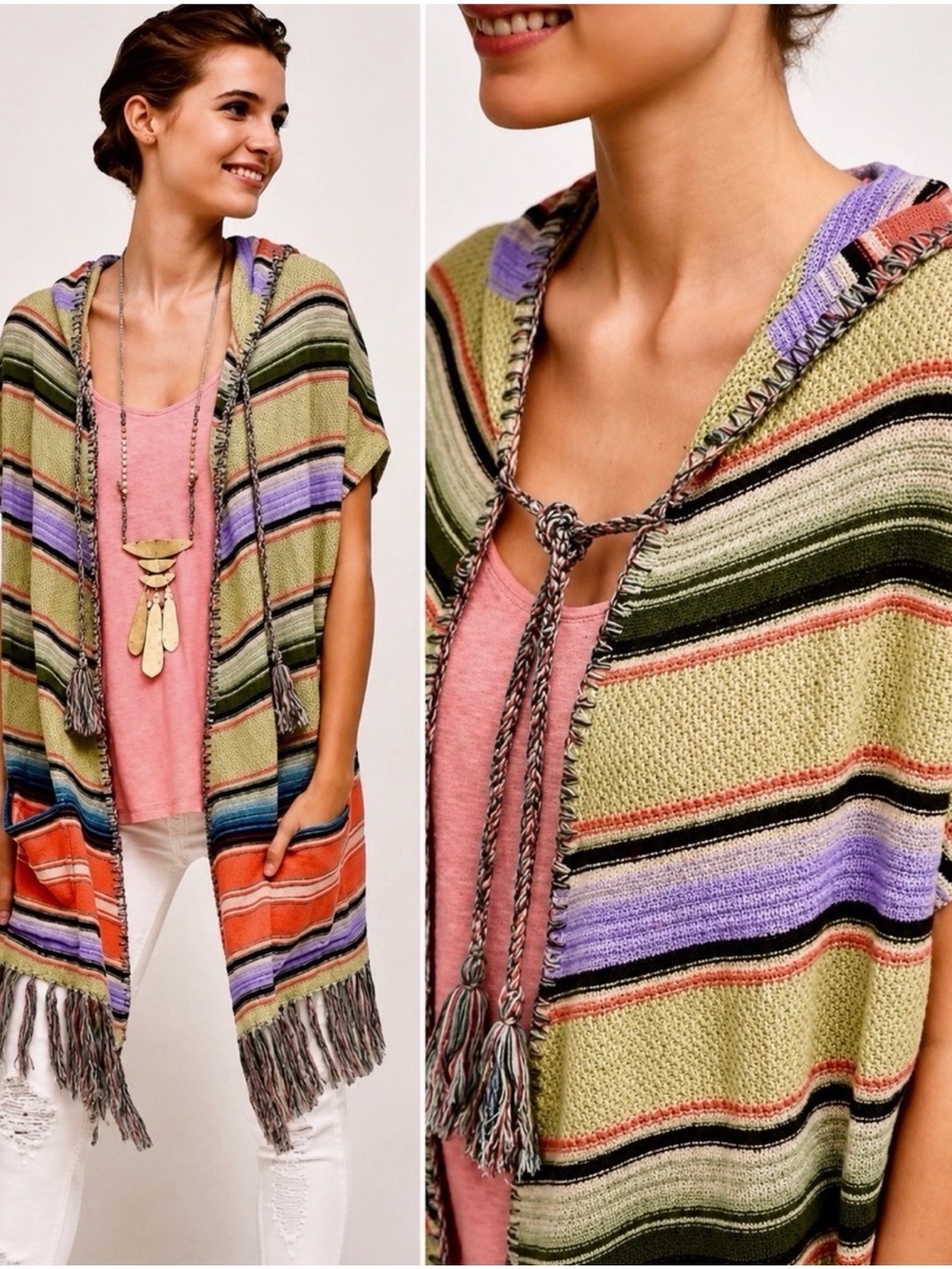 MOTH by ANTHROPOLOGIE Calexico Stripe Fringe Poncho Hooded Wrap Oversized